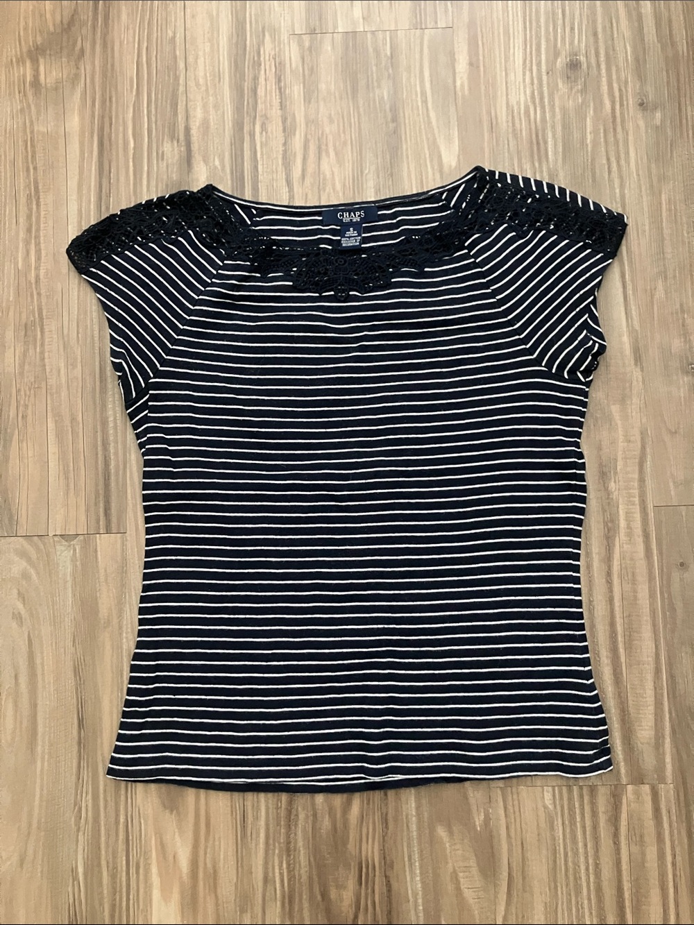 Chaps Navy & White Striped Short Sleeve Tee with Lace Yoke Detail